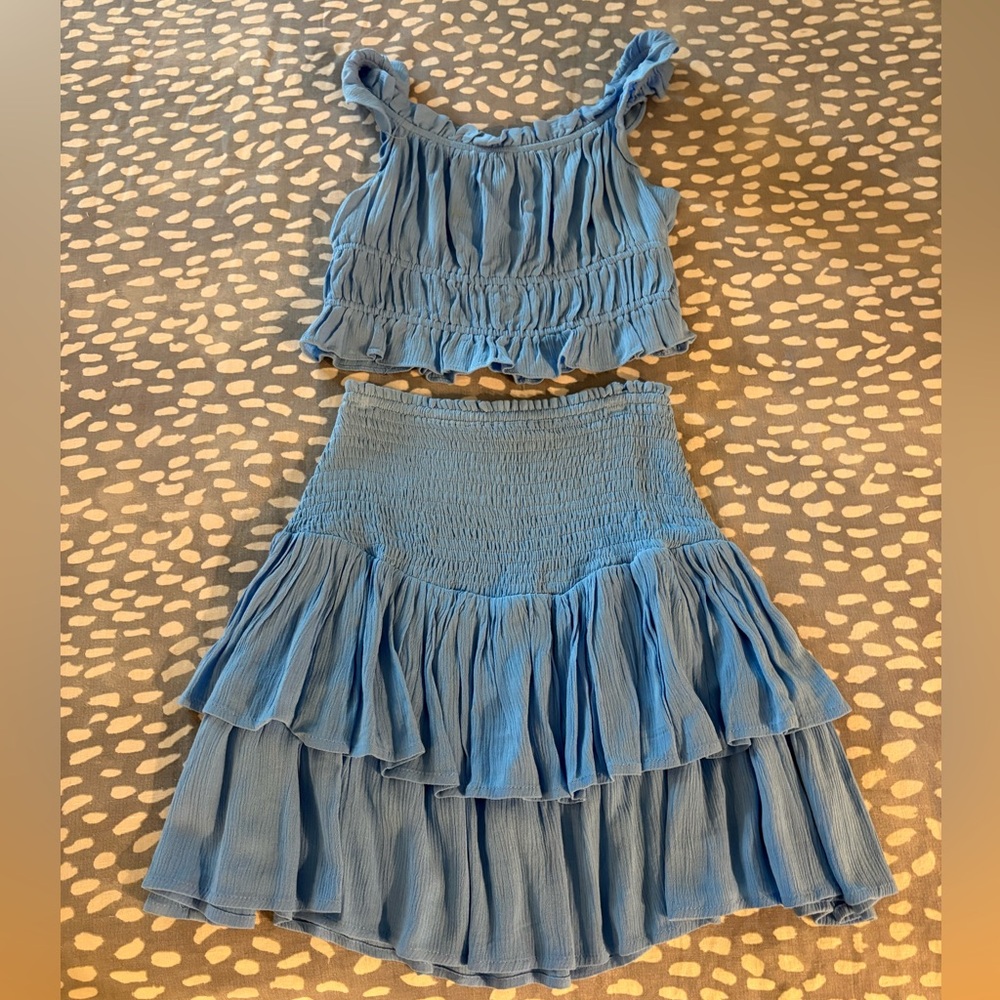 Light Blue Ruffled Smocked Two-Piece Skirt Set by